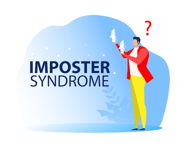 Imposter-syndrom, mann, der karnevalsmasken mit glücklichen oder traurigen ausdrücken anprobiert.