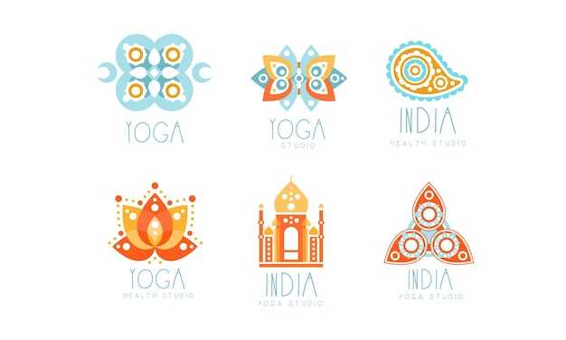 Vektor india yoga studio logo set gesundheitszentrum etiketten vektor-illustration