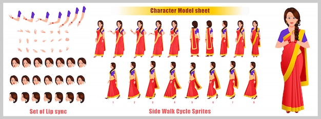 Indian girl character design modellblatt mit walk-cycle-animation. mädchen charakter design. vorder-, seiten-, rückansicht- und erkläranimationsposen. zeichensatz mit verschiedenen ansichten und lippensynchronisation