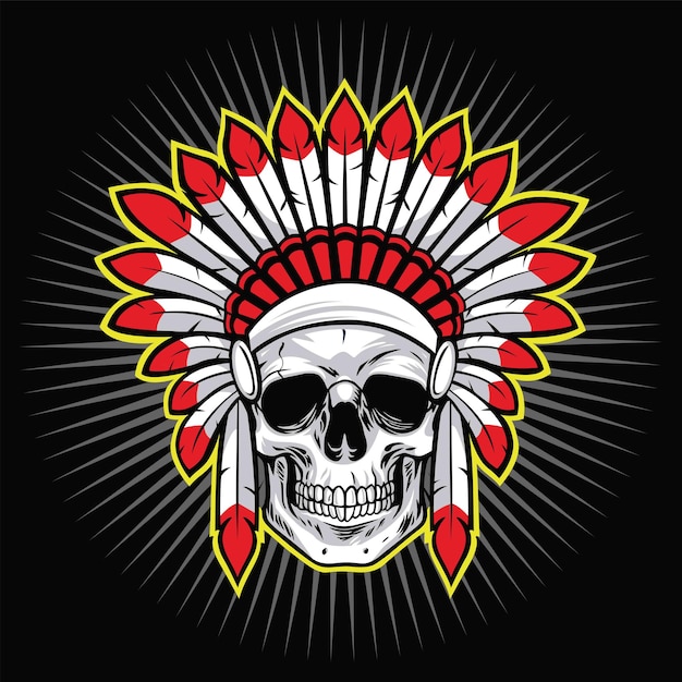 Vektor indian skull indianer krieger logo mit roter feder-vektor-illustration