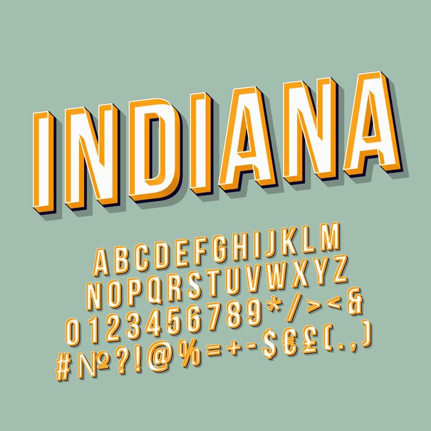 Indiana vintage 3d-vektor-schriftzug retro-fette schriftart pop-art stilisierter text old-school-stil buchstaben zahlen symbole elemente pack 90er 80er poster banner lorbeerfarbener hintergrund