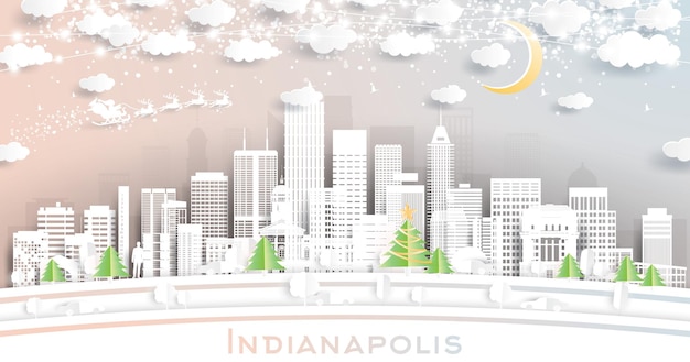 Indianapolis Indiana USA Skyline der Stadt im Papierschnitt-Stil mit Schneeflocken-Mond und Neon-Girlande