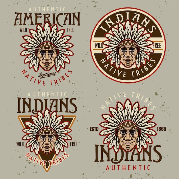 Vektor indianer der amerikanischen ureinwohner, satz von vier vektor-vintage-emblemen, etiketten, abzeichen oder logos mit häuptlingskopf im colorfil-cartoon-stil auf hellem hintergrund mit abnehmbaren grunge-texturen