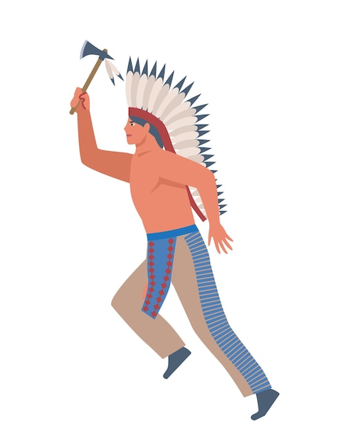 Indianischer charakter mann mit axt und federn person in traditioneller tracht antiker krieger vorlage und layout cartoon flache vektorillustration isoliert auf weißem hintergrund