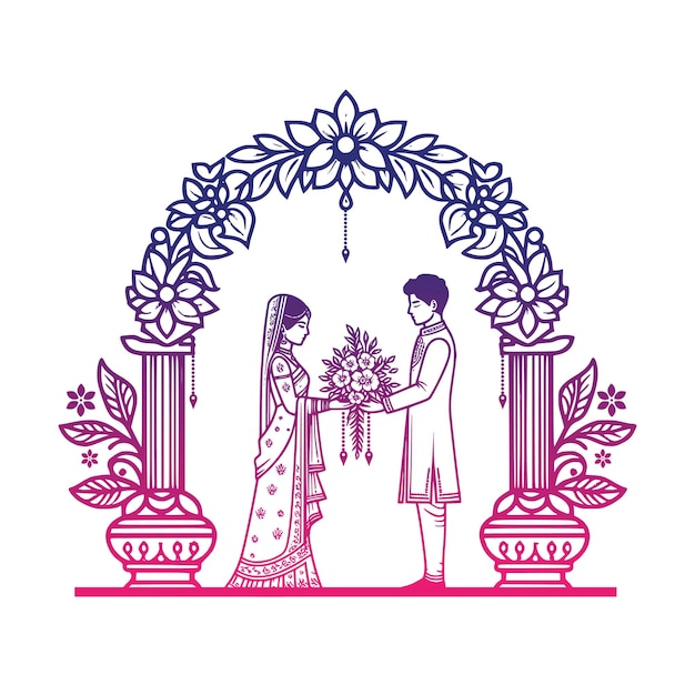 Vektor indische braut und bräutigam heiraten in einem mandap