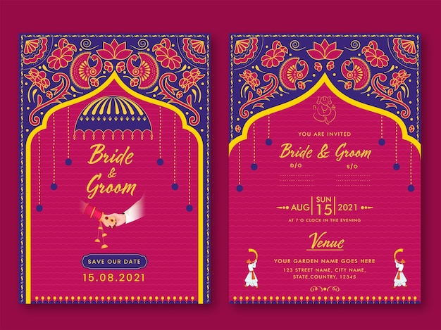 Indische hochzeitseinladung vorlage layout mit veranstaltungsdetails in rosa und blauer farbe.