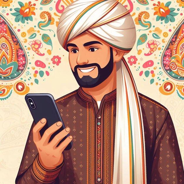 Indische männer in traditioneller kleidung mit einer mobilen vektorillustration