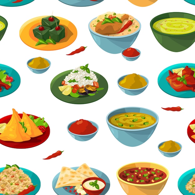 Indische nationale Lebensmittel. Lebensmittel-Hintergrundillustration des nahtlosen Musters des Vektors indische