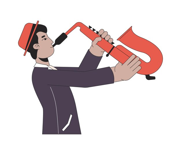 Vektor indischer junger erwachsener jazzmusiker 2d-lineare zeichentrickfigur südasiatischer mann, der ein musikinstrument hält isolierte linie vektorperson weißer hintergrund saxophonist farbe flacher punkt illustration