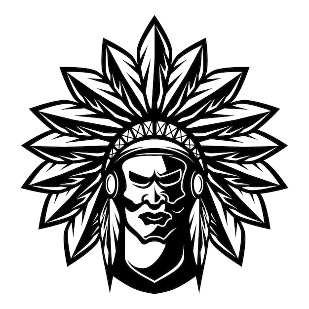 Indischer mann im vintage-stil chef apache maskottchen design charakter vektor illustration schwarz und weiß
