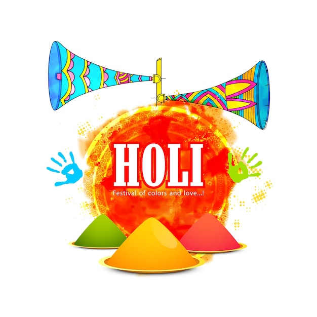 Indisches fest der farben glückliches holi-konzept mit glänzenden trockenen farben gulal und farbenfrohem grunge und lautsprechern