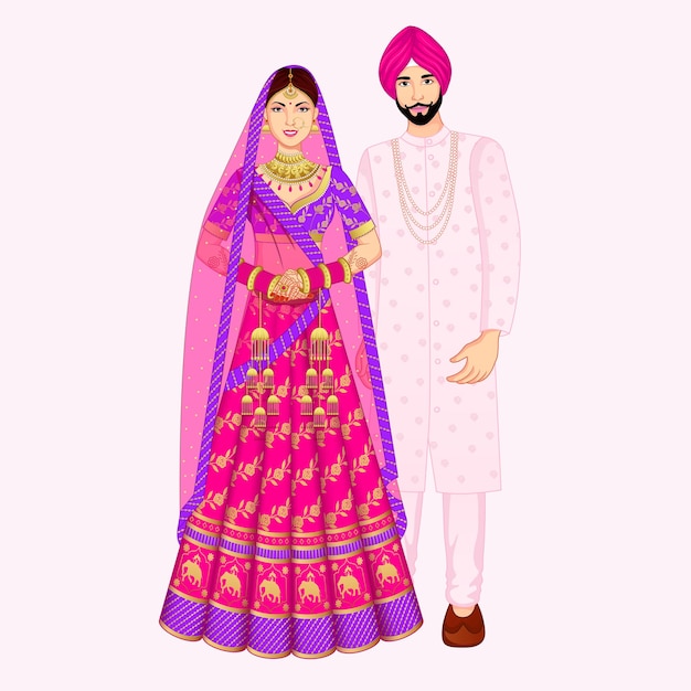 Vektor indisches hochzeitspaar in punjabi, das sherwani und lehenga trägt