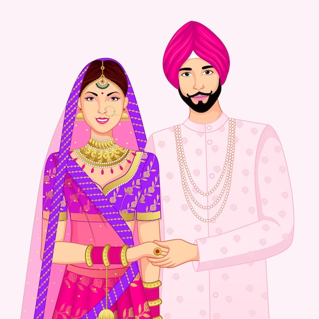 Vektor indisches hochzeitspaar in punjabi, das sherwani und lehenga trägt