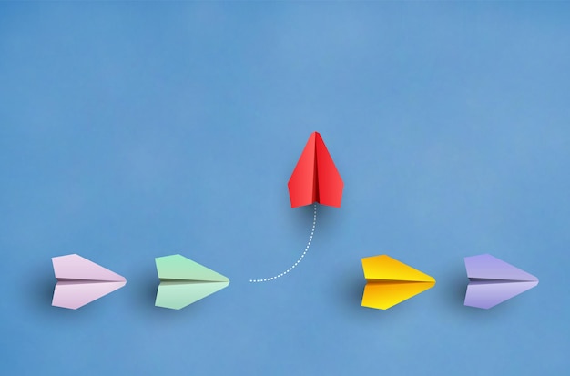 Individualität Konzept. Individueller und einzigartiger gelber Papierflieger fliegt zur Seite. Vektor-Illustration