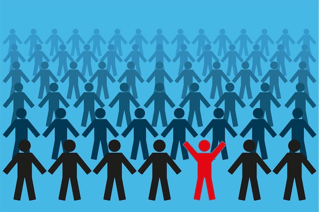 Individualitätskonzept. Ein einzelner roter Mann mit vielen verschiedenen Schwarzen. Vektor-Illustration
