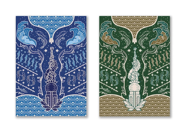 Indonesien batik textildesign über fisch, garnelen, ozean und welle in blauer und grüner farbe