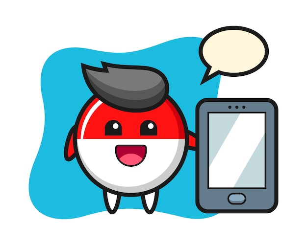 Indonesien-flaggenabzeichen-illustrationskarikatur, die ein smartphone hält