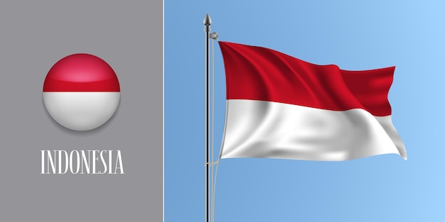 Vektor indonesien wehende flagge am fahnenmast und runde symbolvektorillustration. realistisches 3d-modell mit design der indonesischen flagge und kreistaste