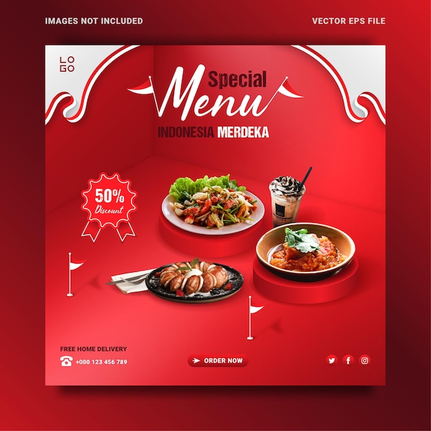 Indonesiens unabhängigkeitstag essen menü promotion banner vorlage, isometrischer stil.