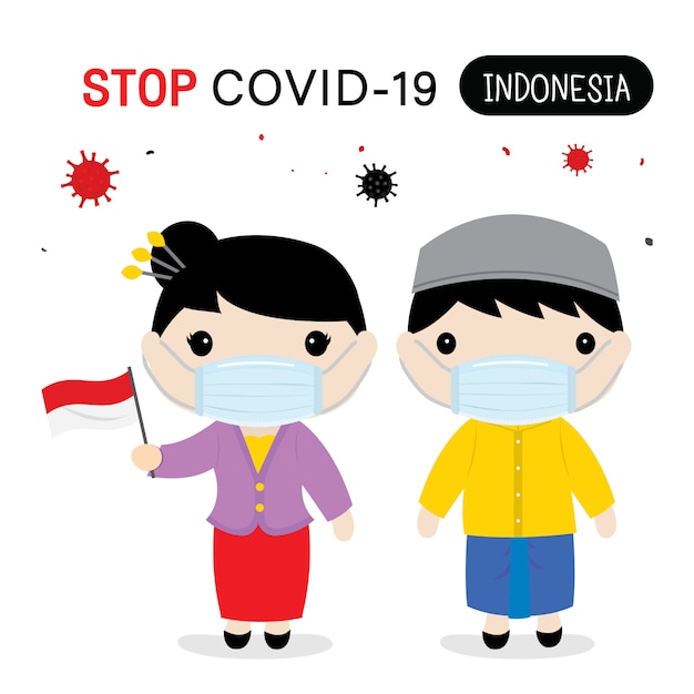 Indonesier tragen Nationaltracht und Maske, um Covid-19 zu schützen und zu stoppen. Coronavirus-Cartoon für Infografik.