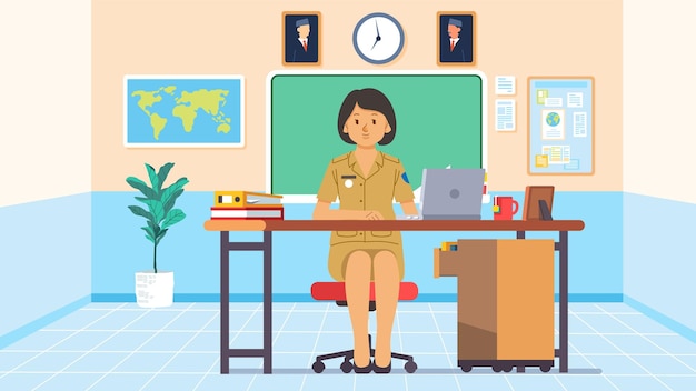 Indonesische Beamte sitzt in einem Büro mit Laptop und Dokumenten