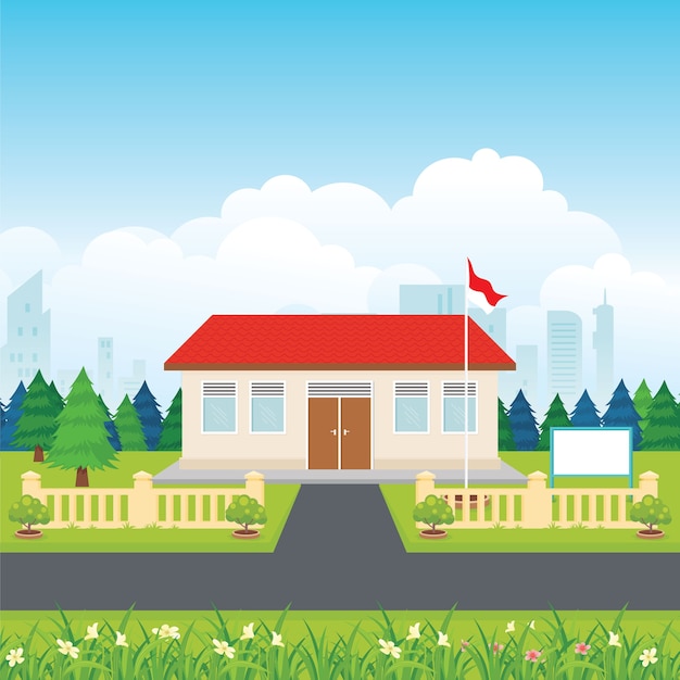 Indonesische grundschule mit grünem hof und naturlandschaftshintergrund