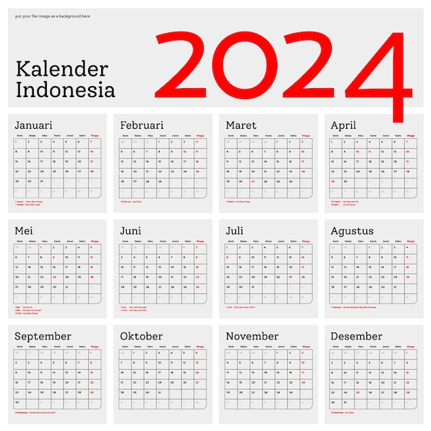 Indonesischer kalender 2024 vorlage vektor minimales design planer 2024
