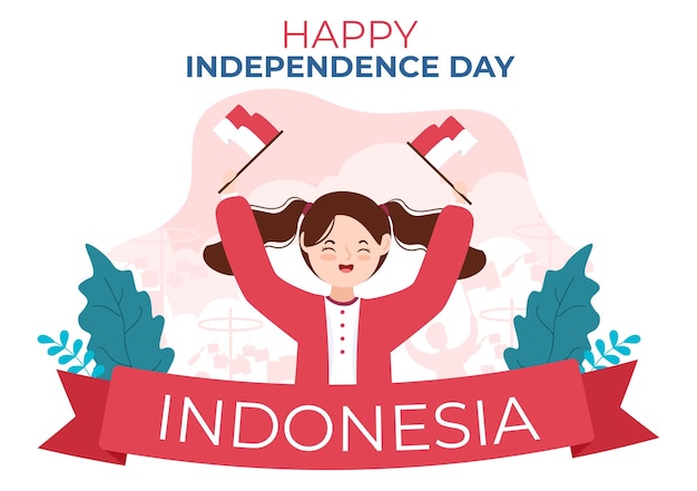 Indonesischer unabhängigkeitstag am 17. august mit traditionellen spielen und flaggen-rot-weiß-illustration