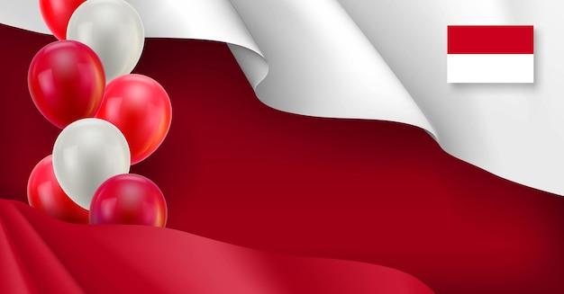 Indonesisches patriotisches banner mit platz für text realistische schwingende indonesische flagge und farbenfrohe ballondekoration auf rotem hintergrund unabhängigkeits- und freiheitsvektorillustration in nationalen farben.