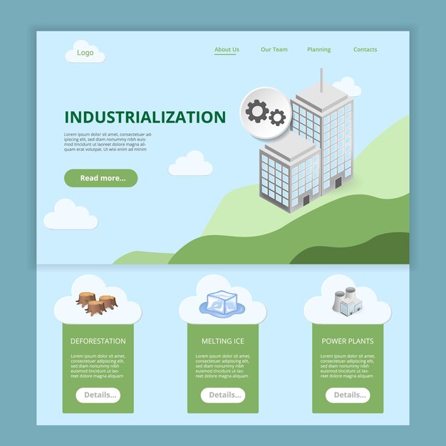 Industrialisierung flat landing page website-vorlage entwaldung schmelzende eiskraftwerke web