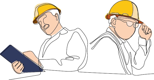 Vektor industrieingenieur mit uniform und schutzhelm unter inspektion per tablet. konzept der minilal-linie
