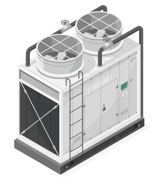 Vektor industrielle große klimaanlage auf dem dach der fabrik mall airport oder warehouse isometrische illustration