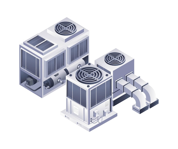 Vektor industrielle hvac-kühlgeräte infografiken flache isometrische 3d-illustration