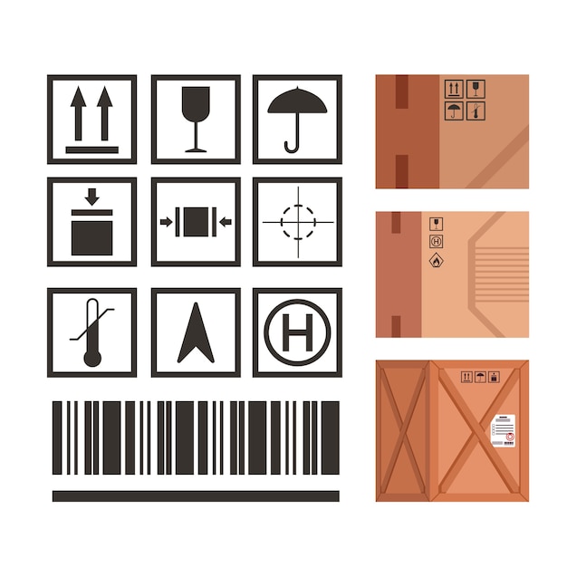 Vektor industrielle verpackungsmarkierungssatz-verpackungssymbolsymbole. anwendungsregeln für paketsymbole symbole mit illustrationsbeispielen.