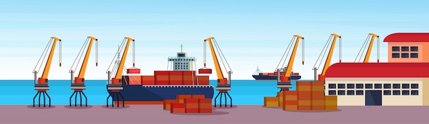 Industrieller Seehafen Frachtschiff Frachtkran Logistikcontainer Laden Lagerwasser