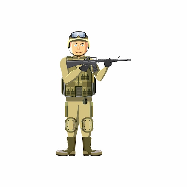 Infanterist mit Waffen-Ikone im Cartoon-Stil isoliert auf weißem Hintergrund Menschensymbol