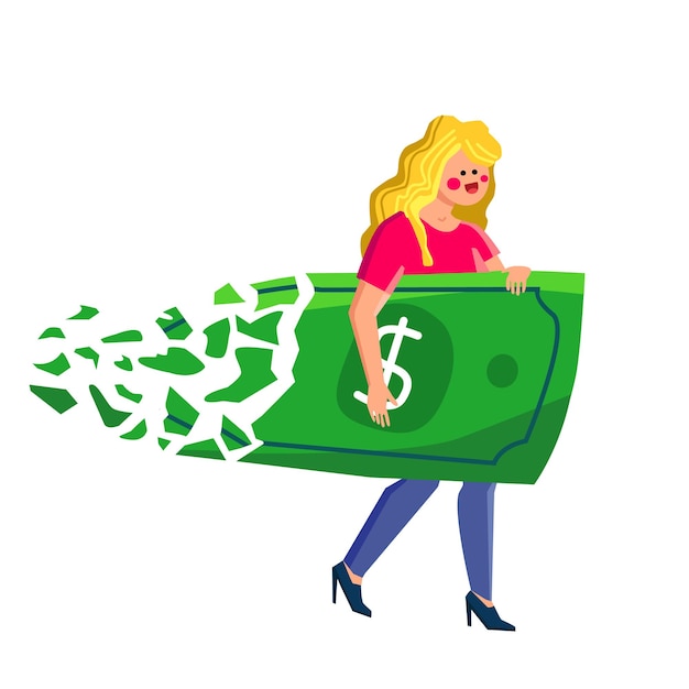 Vektor inflation, dollarschein, in, frau, hand, vektor, junges mädchen, halten, geld, und, banknote, auflösen, finanz, inflation, problem, zeichen, wirtschaft, hyperinflation, flache, karikatur, illustration