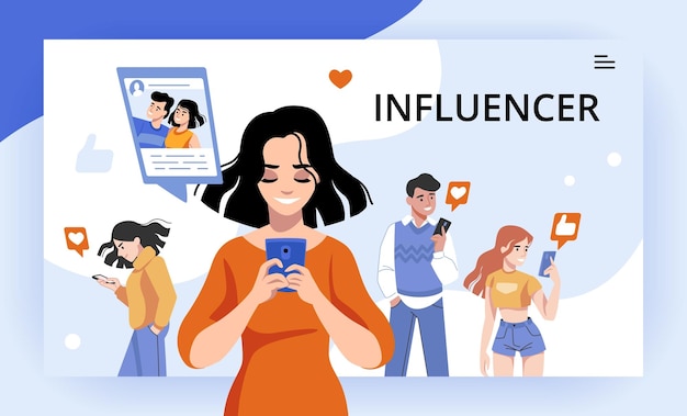 Influencer digitale marketingkampagne soziale beiträge und netzwerkinhalte einfluss von meinungsführern männer oder frauen mit smartphones klicken auf die schaltfläche 