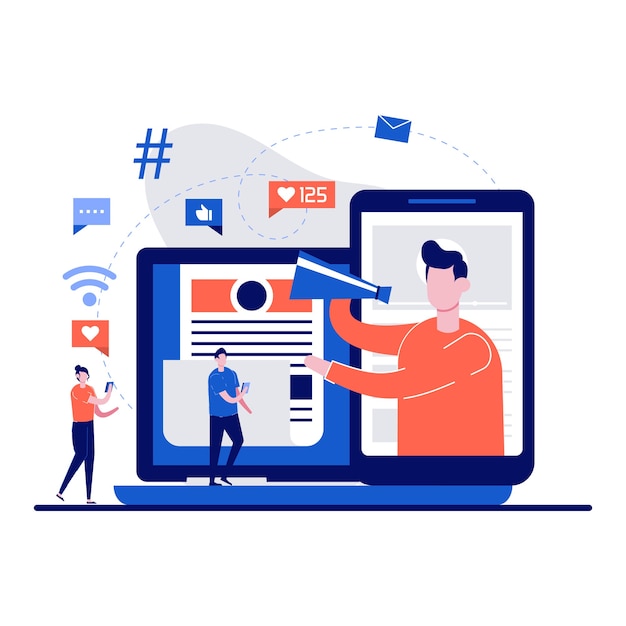Influencer Marketing, Blogging, Werbung in Social Media Netzwerken Konzept mit winzigem Charakter. Menschen mit Megaphon bewerben Produkt oder Dienstleistung auf Videokanal flach.