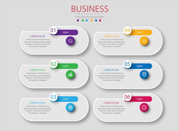 Infografik 6-Elemente-Schritt. Box-Diagramm-Diagramm, Business-Graph-Design.