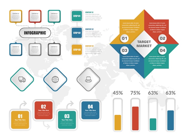 Infografik Bundle Set Design mit Symbolen und Zahlen