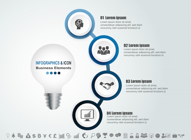 Infografik business timeline prozess und symbole vorlage. design mit glühbirne, idae marketing.