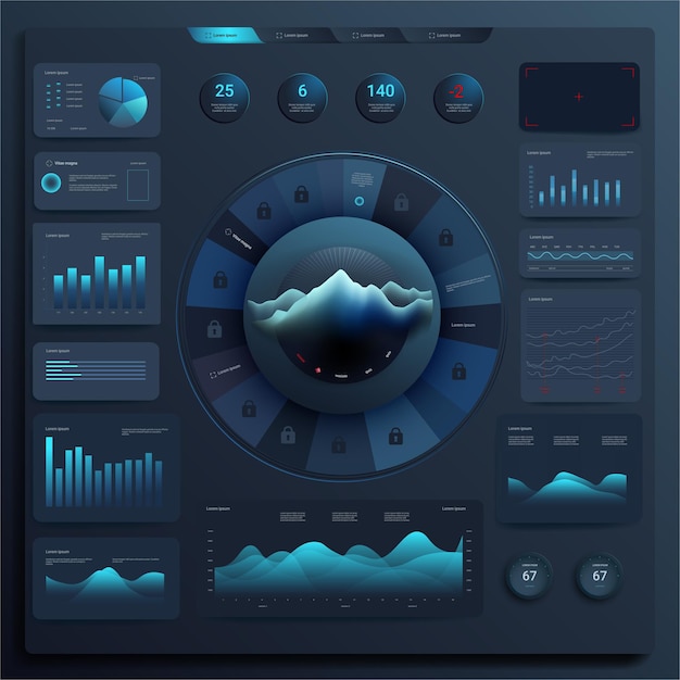 Vektor infografik-dashboard-vorlage mock-up-design mit bit-kreis-rundelement-grafiken und diagrammen futuristische benutzeroberfläche gui ui-verarbeitung und analyse von daten