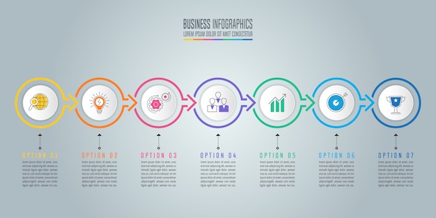 Infografik-Design-Business-Konzept mit 7 Optionen, Teile oder Prozesse.