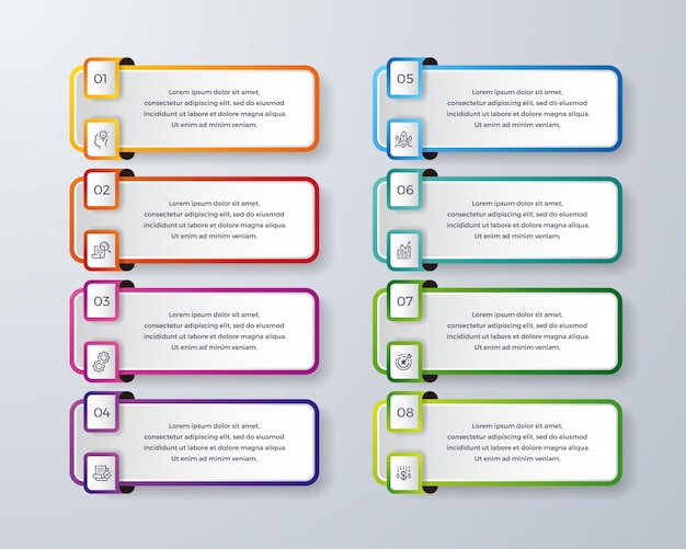 Infografik-design mit 8 verfahren oder schritten.