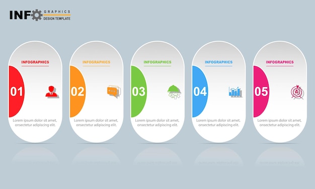 Infografik-Designvorlage mit fünf Schritten oder Prozess für die Geschäftspräsentation