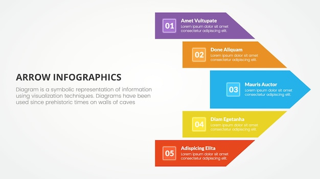 Infografik-dia-präsentationsvorlage im pfeilstil mit moderner flacher stilfarbe mit 4 pfeilen auf der rechten seite