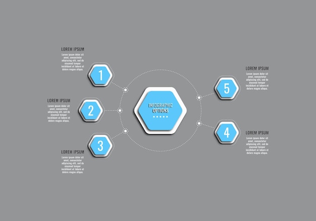 Infografik-Diagrammvorlage mit fünf Schritten mit hellblauen sechseckigen Elementen. Geschäftsvisualisierung