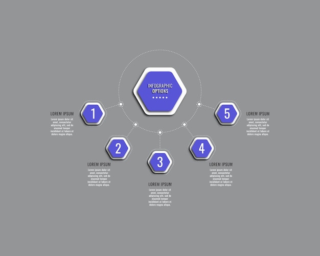 Infografik-Diagrammvorlage mit fünf Schritten mit violetten sechseckigen Elementen. Geschäftsvisualisierung