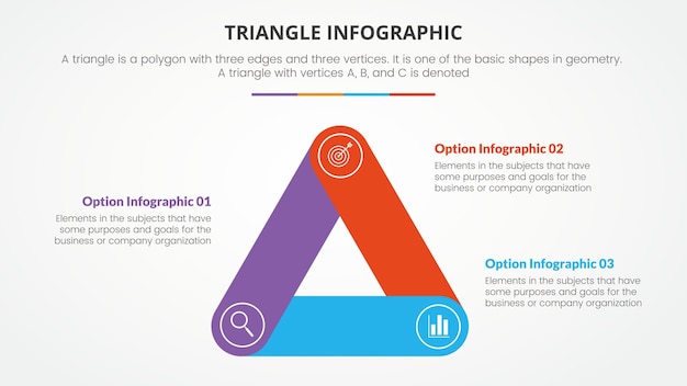 Vektor infografik-dreieck-konzept für folienpräsentation mit 3-punkte-liste im flachen stil